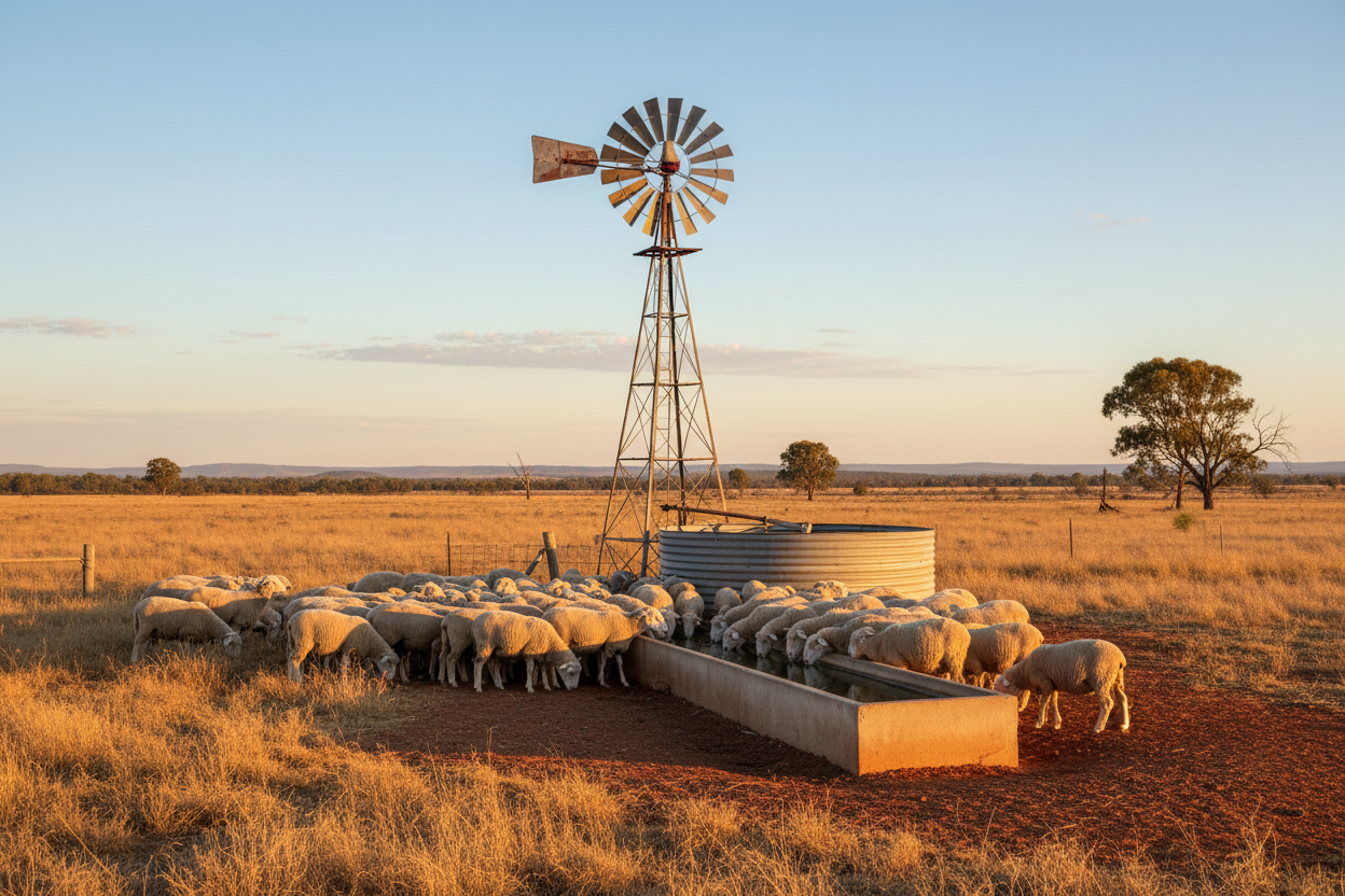 Australian Farm Windmill with Tank, Trough and Sheep