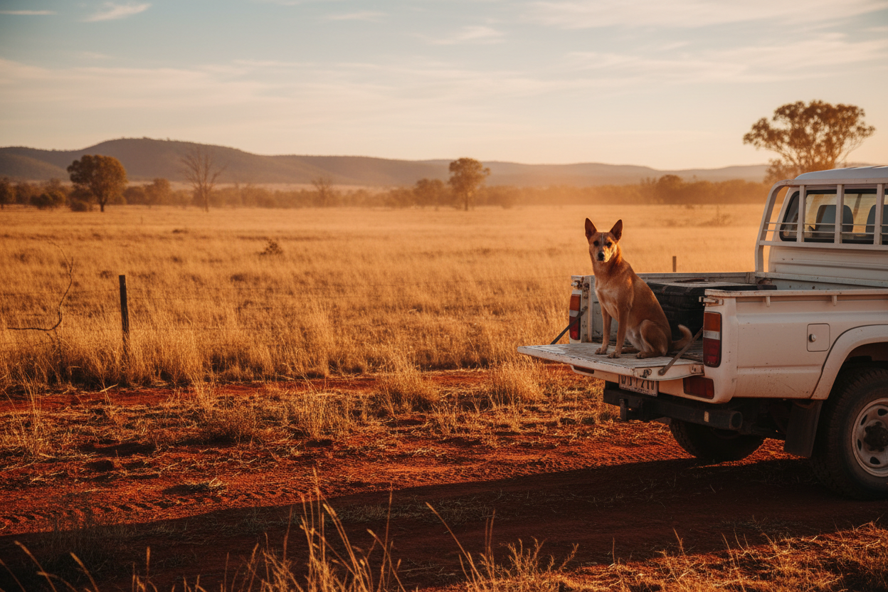 Brown Kelpie on White LandCruiser Ute in Paddock